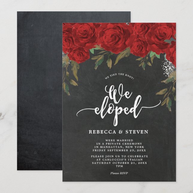 Invitation chalkboard roses rouges modernes nous avons fui l' (Devant / Derrière)