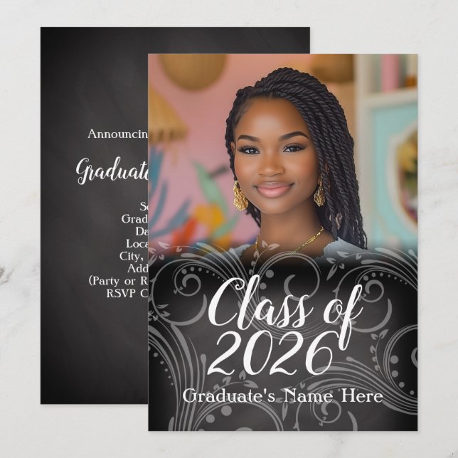 Invitation Chalkboard Swirl Class of 2021 Photo Graduation (Devant / Derrière)
