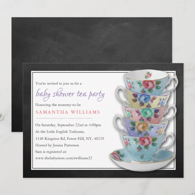 Invitation Chalkboard Teups Baby shower Tea Party (Devant / Derrière)
