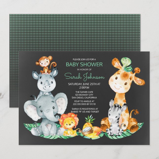 Invitation Chalkboard Watercol Cute Safari Jungle Baby shower (Devant / Derrière)