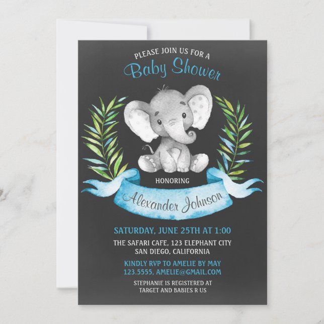 Invitation Chalkboard Watercolor Elephant Boy Baby shower (Devant)