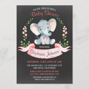 Invitation Chalkboard Watercolor Elephant Girl Baby shower