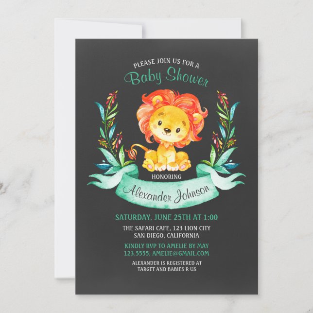 Invitation Chalkboard Watercolor Lion Baby shower (Devant)