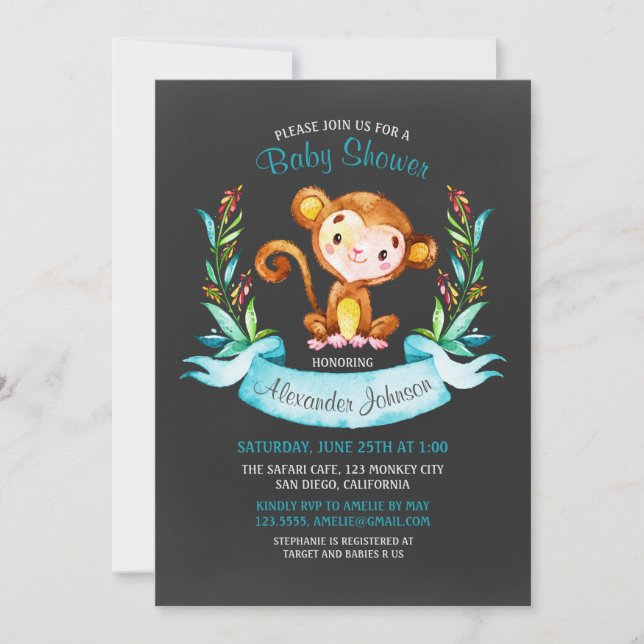 Invitation Chalkboard Watercolor Monkey Boy Baby shower (Devant)