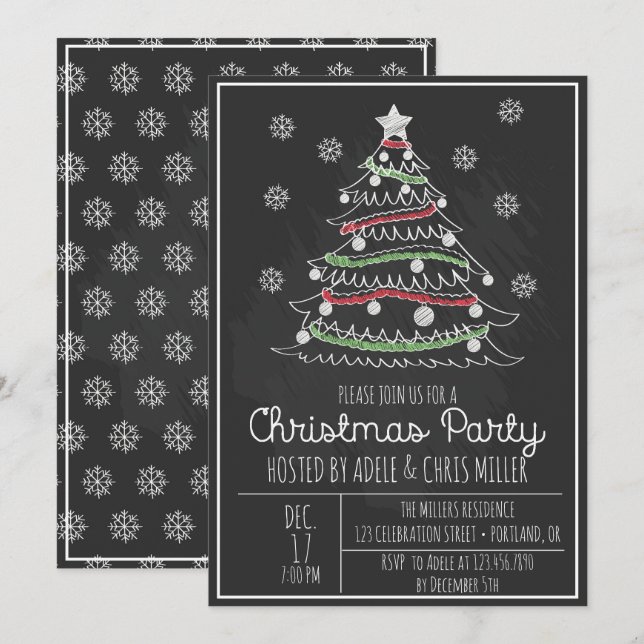 Invitation Chalkboard Whimsical Christmas Tree Fête de Noël (Devant / Derrière)