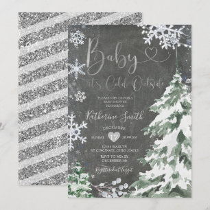 Invitation Chalkboard Winter Froid Baby shower Forêt Argent