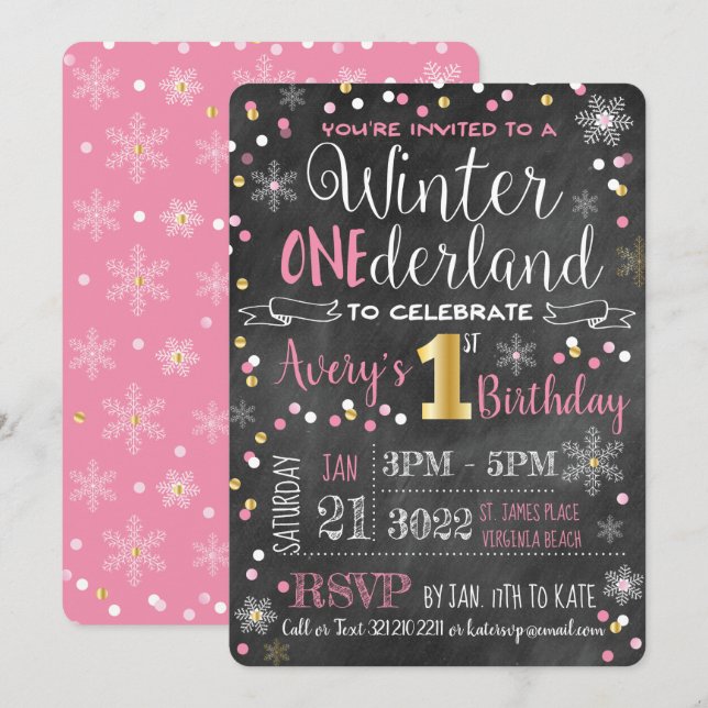 Invitation Chalkboard Winter ONE derland Premier anniversaire (Devant / Derrière)
