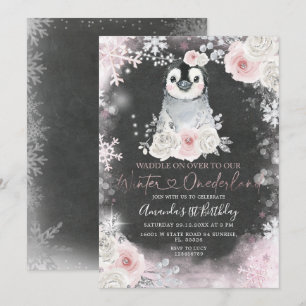 Invitation Chalkboard Winter Penguin Fleurs roses Anniversair