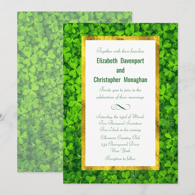 Invitation Champ de feuille de trèfle avec cadre d'huile d'or (Devant / Derrière)