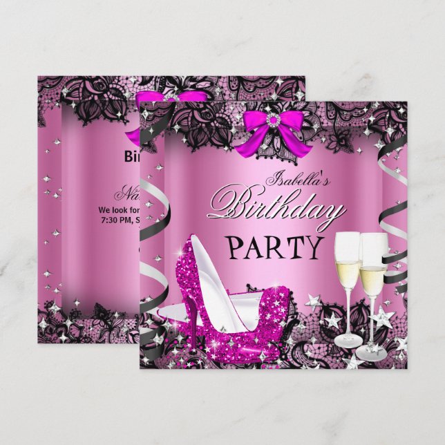 Invitation Champagne à talon haut rose dentelle noire fête d' (Devant / Derrière)