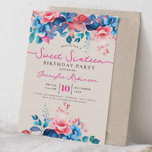 Invitation Champagne Anniversaire 16 ans Fleurs Rose Bleu Fém