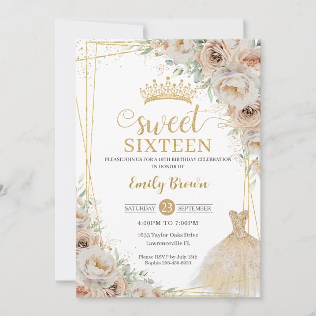 Invitation Champagne beige Crème Or Sweet sixteen Floral (Devant)