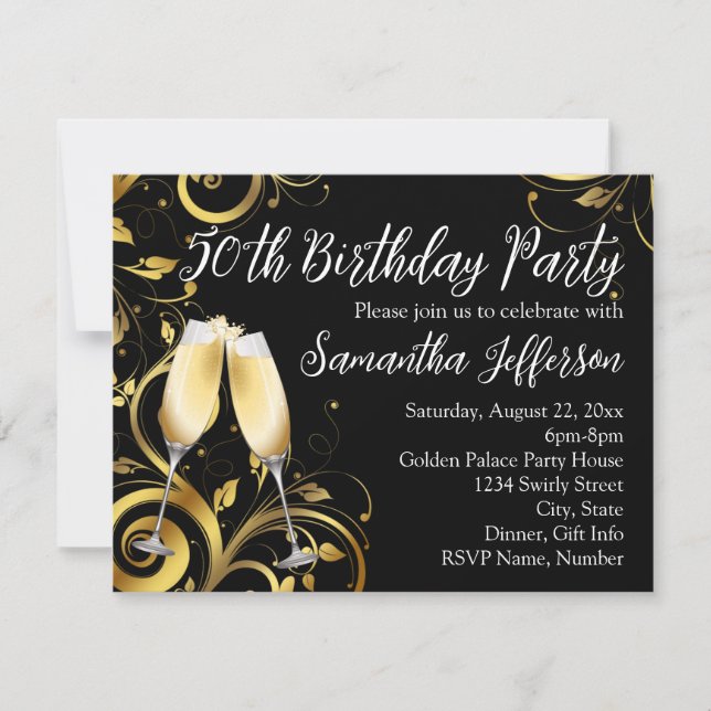 Invitation Champagne Black and Gold 50e fête d'anniversaire (Devant)