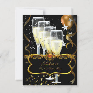 Invitation Champagne Black Gold Balloons fête d'anniversaire