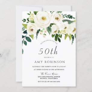 Invitation Champagne Blanc Floral Élégant 50ème anniversaire