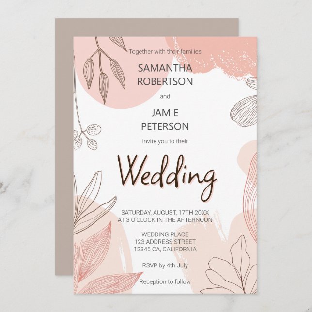 Invitation Champagne Blush Rose - Mariage floral à main (Devant / Derrière)