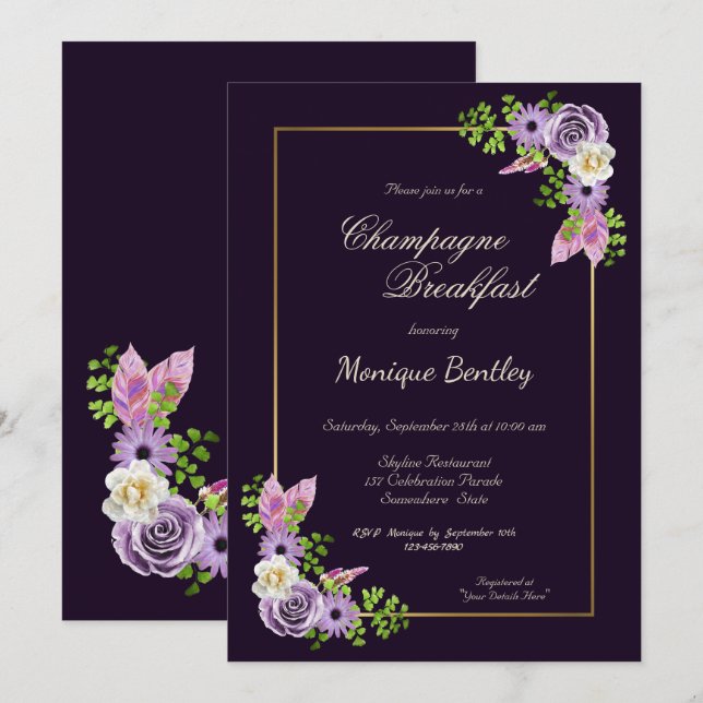 Invitation Champagne Bordure d'or violet Floral Petit déjeune (Devant / Derrière)