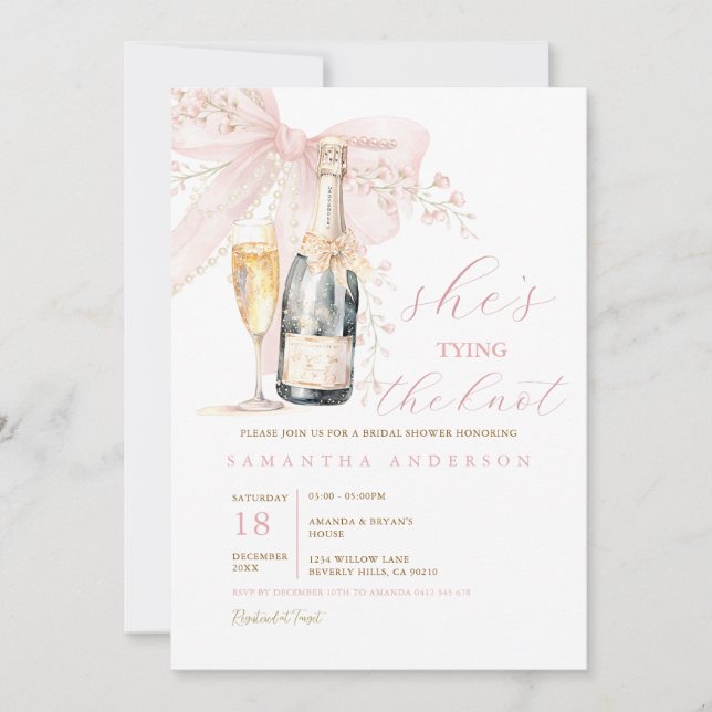 Invitation Champagne Bottle & Pink Bow She’s Tying the Knot  (Devant)