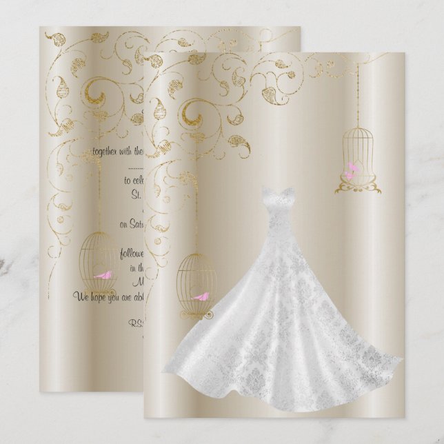 Invitation Champagne Bronze Robe Oiseau mariage moderne (Devant / Derrière)