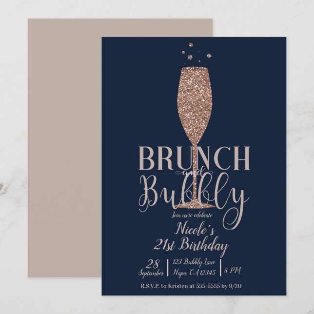 Invitation Champagne Brunch Bubbly Rose Gold Navy Anniversair (Devant / Derrière)