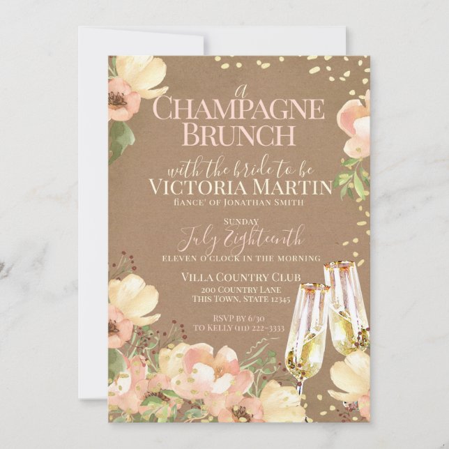 Invitation Champagne Brunch Étincelle Fête des mariées Floral (Devant)