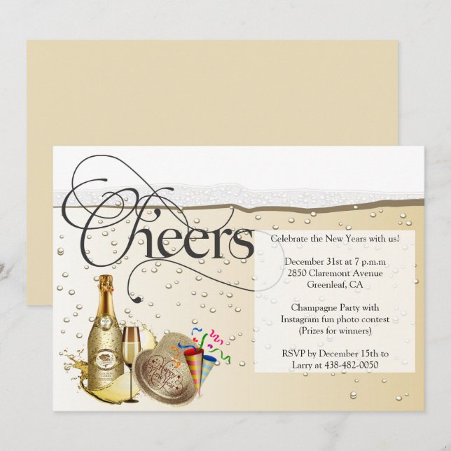 Invitation Champagne Bubble Nouvel An (Devant / Derrière)