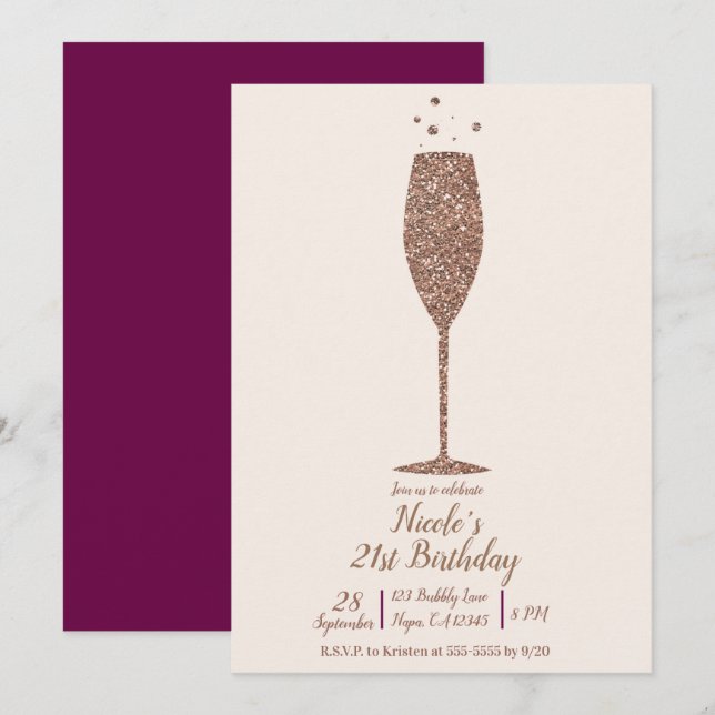 Invitation Champagne Bubbly Chic Rose Gold fête d'anniversair (Devant / Derrière)