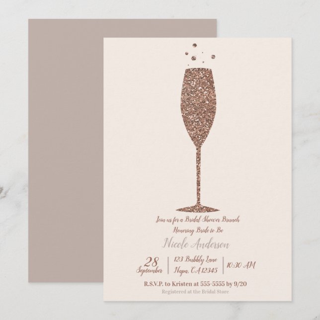 Invitation Champagne Bubbly Rose Gold Fête des mariées Brunch (Devant / Derrière)