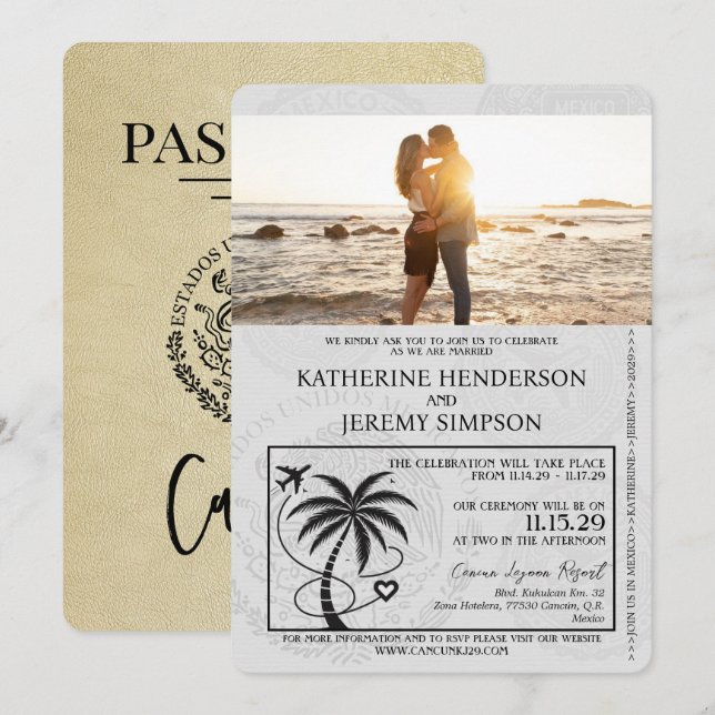 Invitation Champagne Cancun Passport Mariage (Devant / Derrière)