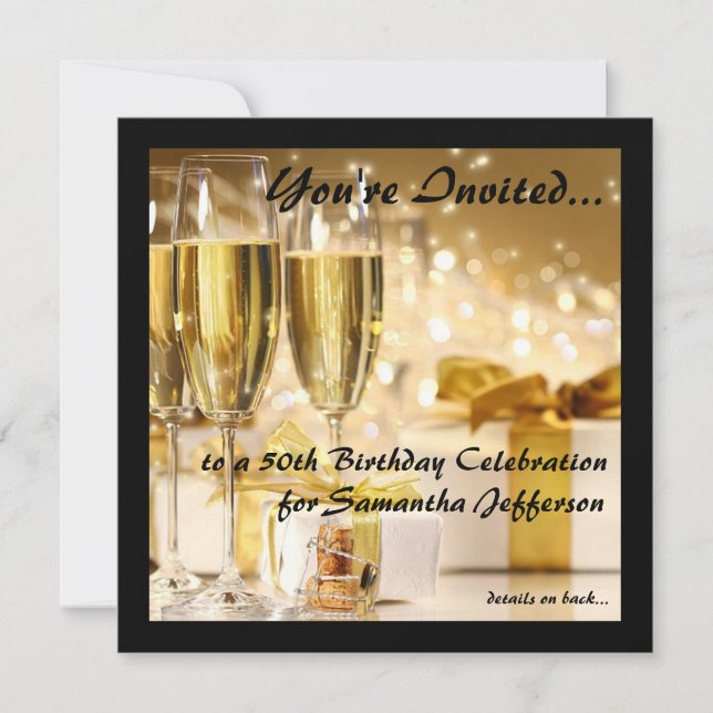 Invitation Champagne carré Étincelle Golden 50e anniversaire (Devant)