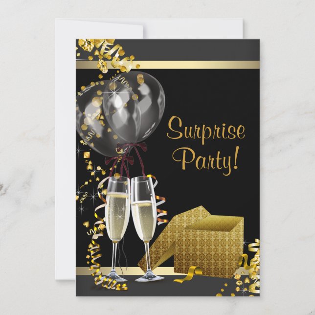 Invitation Champagne Confetti Black Gold Surprise Party (Devant)