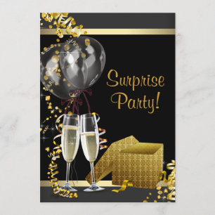 Invitation Champagne Confetti Black Gold Surprise Party