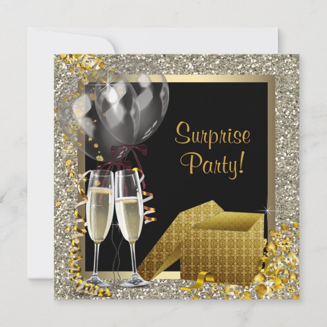 Invitation Champagne Confetti Black Gold Surprise Party (Devant)