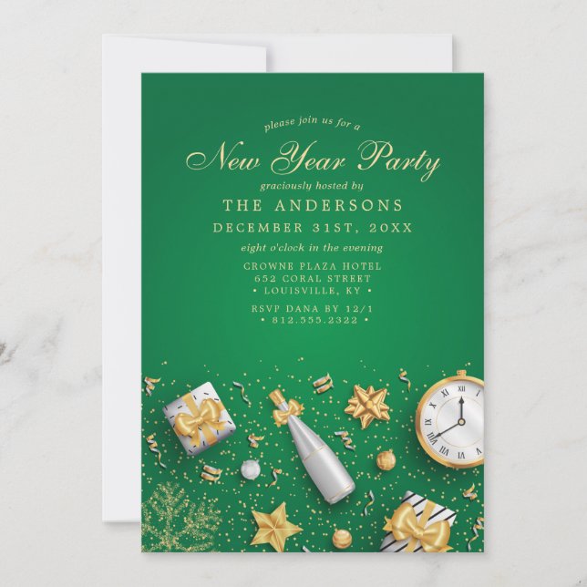 Invitation Champagne Confetti Gold Green New Year Party (Devant)