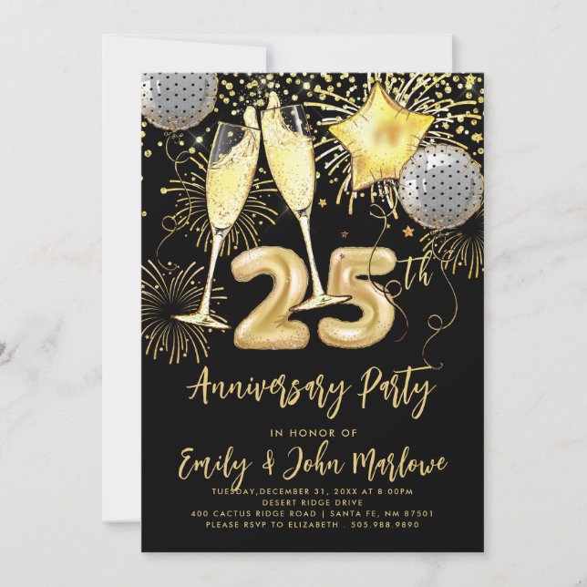 Invitation Champagne Confetti Pailleté Or 25e Anniversaire (Devant)