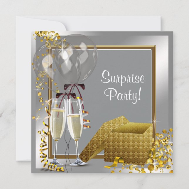 Invitation Champagne Confetti Silver et Gold Surprise Party (Devant)