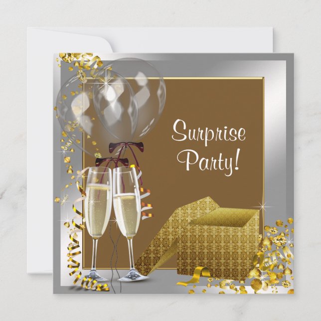Invitation Champagne Confetti Silver Gold Surprise Party (Devant)