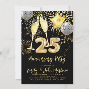 Invitation Champagne Confettis Pailletés Or 25e Anniversaire