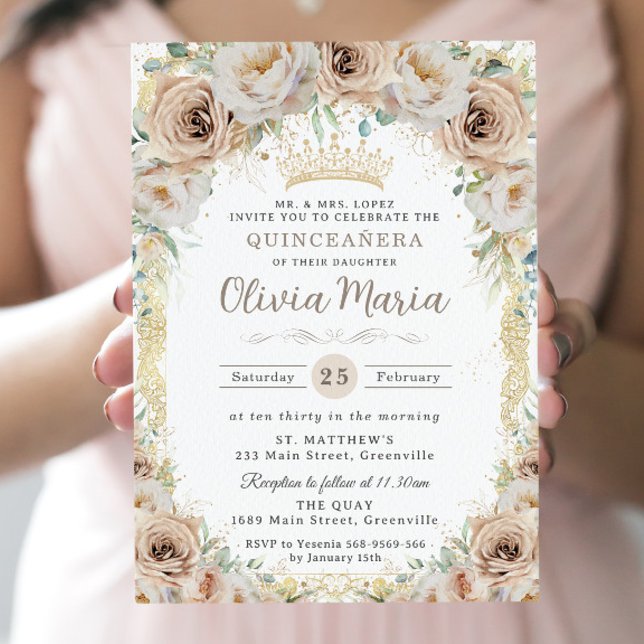 Invitation Champagne Crème Beige Floral Vintage Quinceanera (Créateur téléchargé)