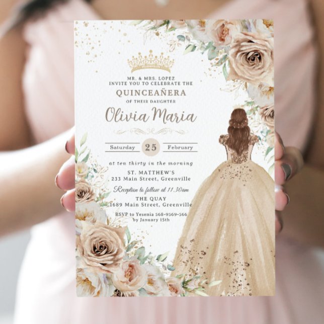 Invitation Champagne Crème Beige Florale Princesse Quinceañer (Créateur téléchargé)