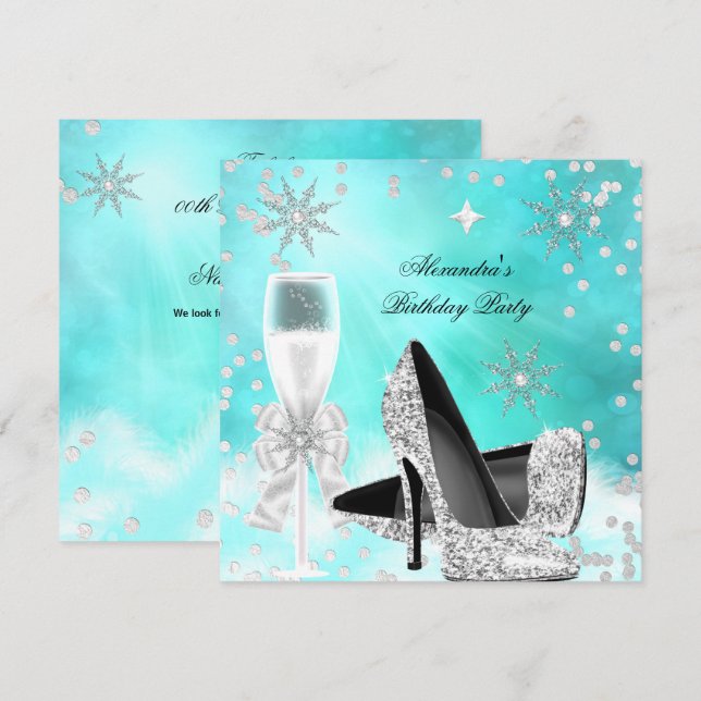 Invitation Champagne d'argent turquoise talons hauts Annivers (Devant / Derrière)