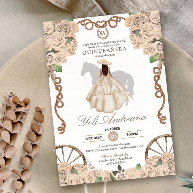 Invitation Champagne de crème Rose blanche Charra Quinceanera (Créateur téléchargé)