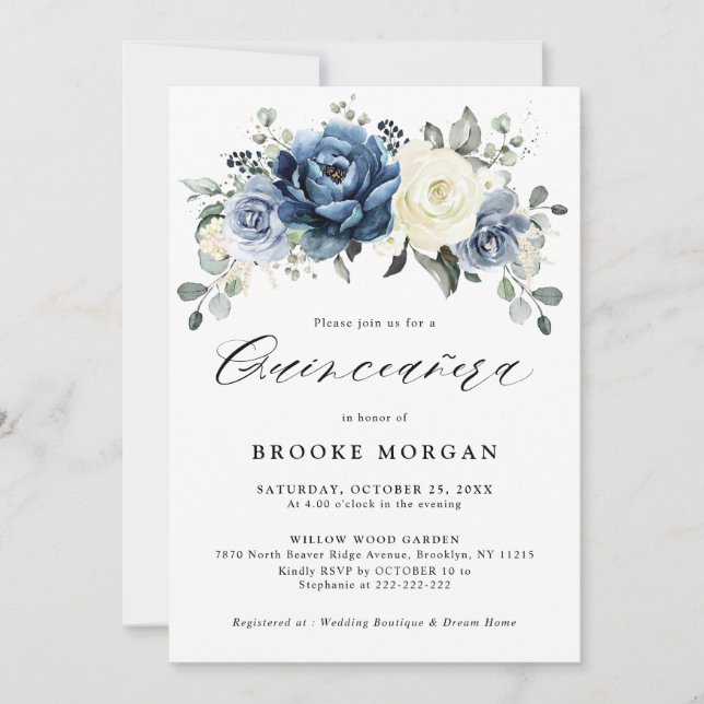 Invitation Champagne de la Marine Bleue Dusty Ivory Quinceañe (Devant)
