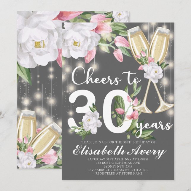 Invitation Champagne de luxe Floral Grey 30e fête d'anniversa (Devant / Derrière)