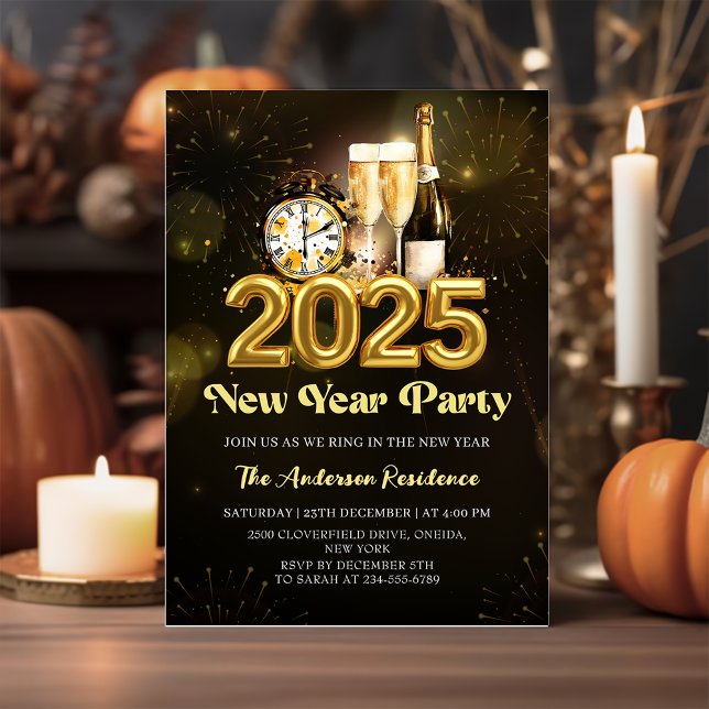 Invitation Champagne d'or noir Soirée du Nouvel An 2025 (Créateur téléchargé)