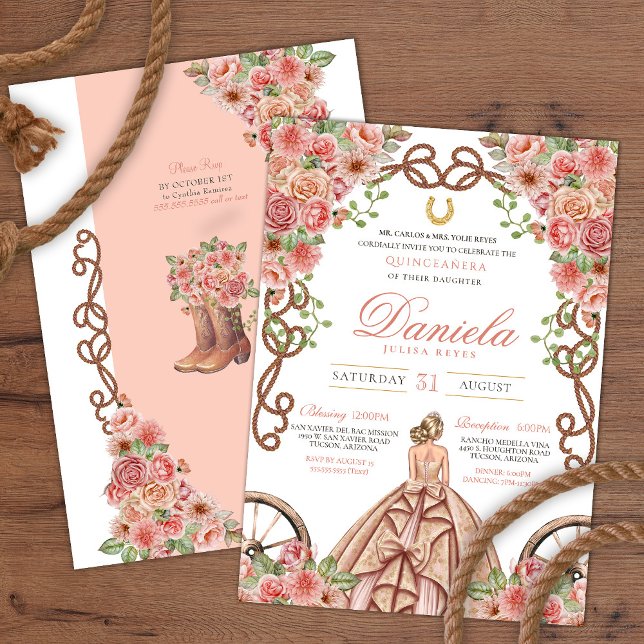 Invitation Champagne d'or rose Charro rose Quinceanera rustiq (Créateur téléchargé)