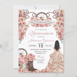Invitation Champagne d'or rose Western Ranchero Quinceanera