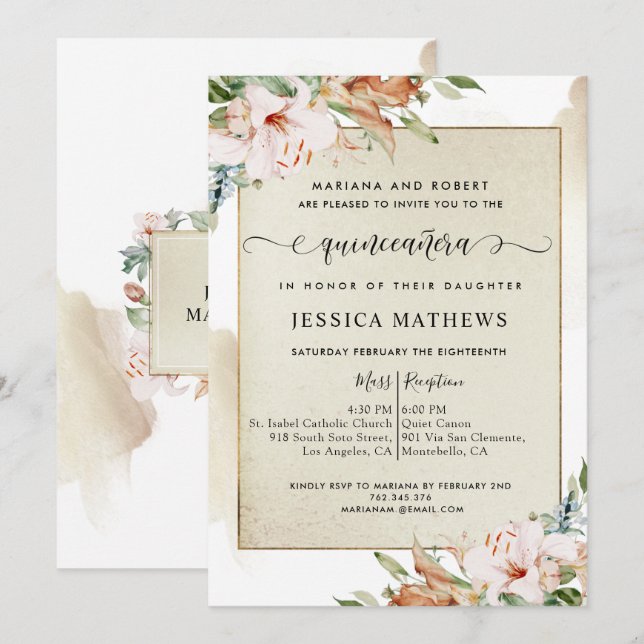Invitation Champagne et Blush rose Floral Quinceañera (Devant / Derrière)