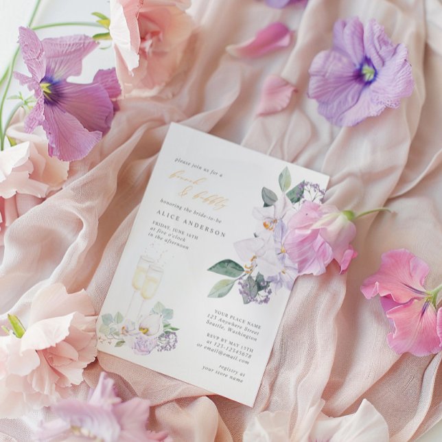 Invitation Champagne et floral brunch de mariage élégant (Watercolor Champagne & Floral Bridal Brunch Bubbly Invitation)