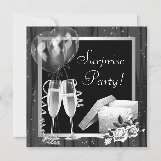 Invitation Champagne Étincelle Black White Surprise Party (Devant)